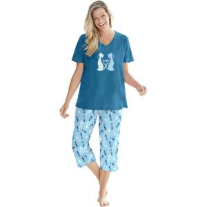 Dreams & Co. Plus Size 2-Piece Capri PJ Set(Deep Teal Cat)