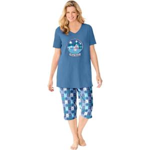 Dreams & Co. Plus Size 2-Piece Capri PJ Set(Dusty Indigo Snow Bunny)