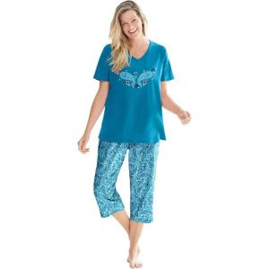 Dreams & Co. Plus Size 2-Piece Capri PJ Set(Pale Ocean Paisley)