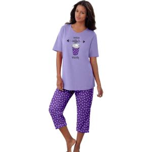 Dreams & Co. Plus Size 2-Piece Capri PJ Set(Plum Burst Dot)