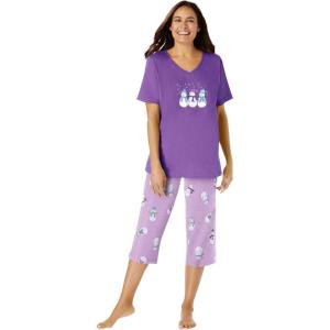 Dreams & Co. Plus Size 2-Piece Capri PJ Set(Pretty Violet Snowman)