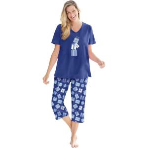 Dreams & Co. Plus Size 2-Piece Capri PJ Set(Ultra Blue Presents)