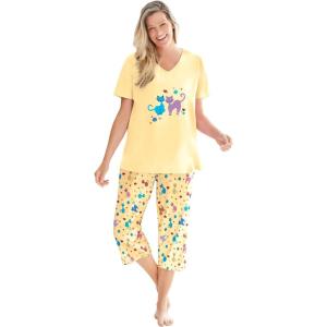 Dreams & Co. Plus Size 2-Piece Capri PJ Set(Yellow Cats)