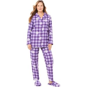 Dreams & Co. Plus Size Classic Flannel Pajama Set(Plum Burst Plaid Paw)