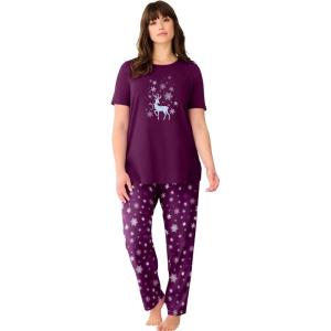 Dreams & Co. Plus Size Graphic Tee PJ Set(Dark Berry Snowflake)