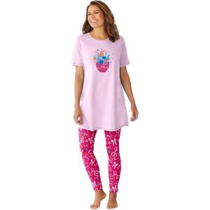 Dreams & Co. Plus Size Graphic Tunic PJ Set(Shell Pink Bows)