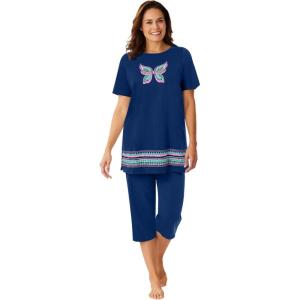 Dreams & Co. Plus Size Knit Capri Sleep Set(Evening Blue Butterfly)