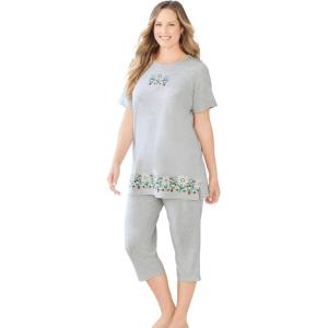 Dreams & Co. Plus Size Knit Capri Sleep Set(Heather Grey Daisy)