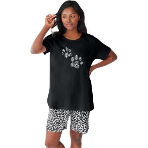 Dreams & Co. Plus Size Knit Pj Short Set(Black Animal Paw)