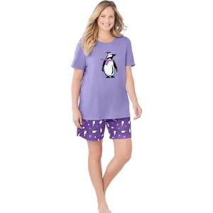 Dreams & Co. Plus Size Knit Pj Short Set(Plum Burst Penguins)