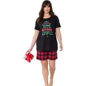Dreams & Co. Plus Size Knit Pj Short Set(Red Buffalo Plaid)