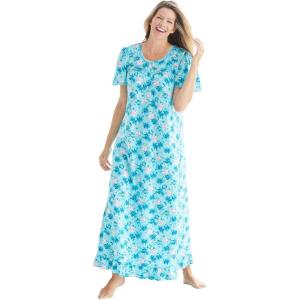 Dreams & Co. Plus Size Long Floral Print Cotton Gown(Caribbean Blue Roses)