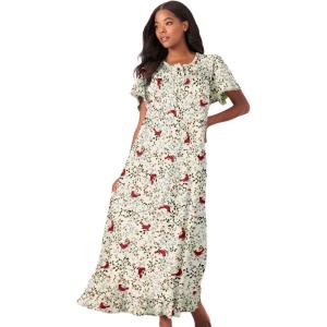 Dreams & Co. Plus Size Long Floral Print Cotton Gown(Classic Red Birds)