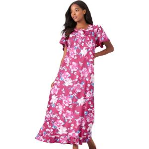 Dreams & Co. Plus Size Long Floral Print Cotton Gown(Strawberry Roses)