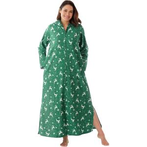 Dreams & Co. Plus Size Long Hooded Fleece Sweatshirt Robe(Emerald Reindeer)