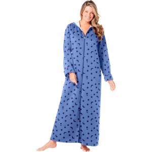 Dreams & Co. Plus Size Long Hooded Fleece Sweatshirt Robe(French Blue Star Moon)