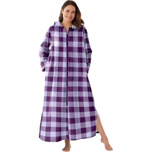 Dreams & Co. Plus Size Long Hooded Fleece Sweatshirt Robe(Lilac Grape Buffalo)
