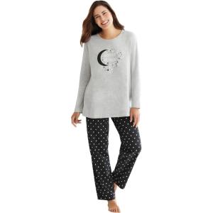 Dreams & Co. Plus Size Long Sleeve Knit PJ Set(Black Dot)