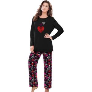 Dreams & Co. Plus Size Long Sleeve Knit PJ Set(Black Multi Heart)