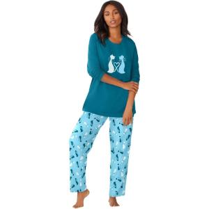 Dreams & Co. Plus Size Long Sleeve Knit PJ Set(Deep Teal Cat)