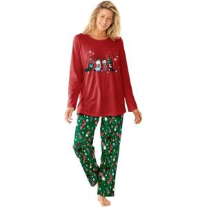 Dreams & Co. Plus Size Long Sleeve Knit PJ Set(Emerald Stocking)