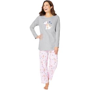 Dreams & Co. Plus Size Long Sleeve Knit PJ Set(Heather Grey Spring Dog)