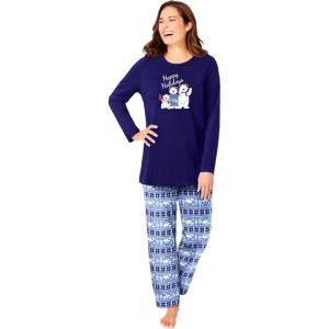 Dreams & Co. Plus Size Long Sleeve Knit PJ Set(Navy Bear Isle)