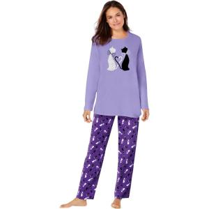 Dreams & Co. Plus Size Long Sleeve Knit PJ Set(Plum Burst Cat)