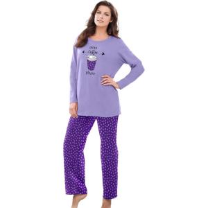 Dreams & Co. Plus Size Long Sleeve Knit PJ Set(Plum Burst Dot)