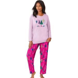 Dreams & Co. Plus Size Long Sleeve Knit PJ Set(Raspberry Sorbet Animal Tree)