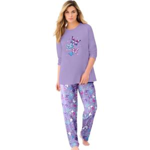 Dreams & Co. Plus Size Long Sleeve Knit PJ Set(Soft Iris Butterflies)