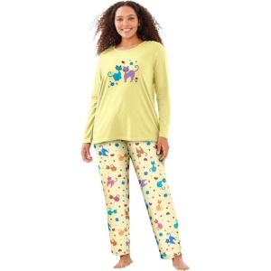 Dreams & Co. Plus Size Long Sleeve Knit PJ Set(Yellow Cats)