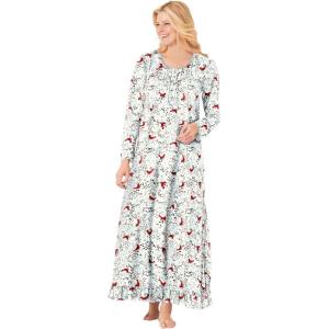Dreams & Co. Plus Size Long-Sleeve Gown(Classic Red Birds)