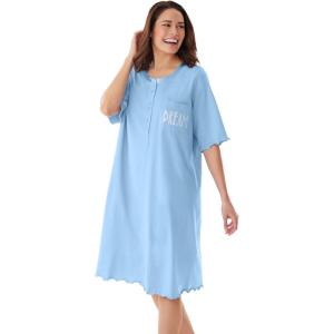 Dreams & Co. Plus Size Satin Trim Cotton Sleepshirt(Sky Blue Dream)