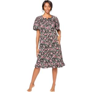 Dreams & Co. Plus Size Short Floral Print Cotton Gown(Black Roses)