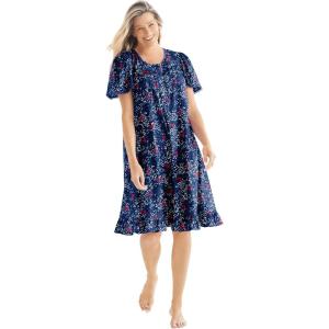 Dreams & Co. Plus Size Short Floral Print Cotton Gown(Evening Blue Birds)