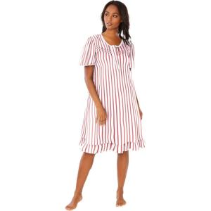 Dreams & Co. Plus Size Short Floral Print Cotton Gown(Red White Stripe)
