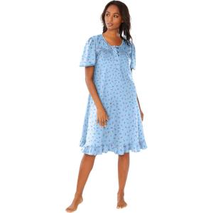 Dreams & Co. Plus Size Short Floral Print Cotton Gown(Sky Blue Ditsy)