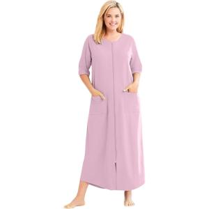 Dreams & Co. Women’s Plus Size Long French Terry Zip-Front Robe (Petite Available)(Pink)