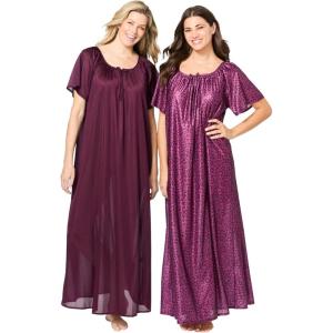 Only Necessities Plus Size 2-Pack Long Silky Gown(Dark Berry Animal)