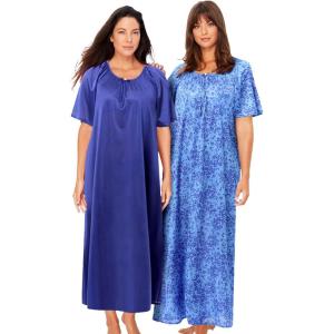 Only Necessities Plus Size 2-Pack Long Silky Gown(Ultra Blue French Blue Flower)