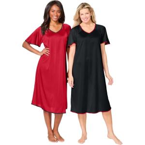 Only Necessities Plus Size 2-Pack Short Silky Gown(Classic Red Black)