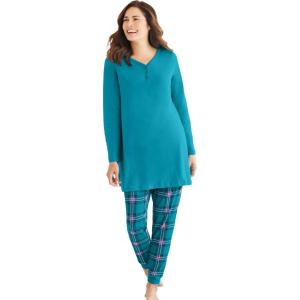 Only Necessities Plus Size Henley Tunic & Jogger PJ Set(Dark Turq Plaid)
