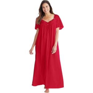 Only Necessities Plus Size Long Silky Lace-Trim Gown(Classic Red)