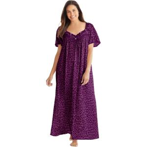 Only Necessities Plus Size Long Silky Lace-Trim Gown(Dark Berry Animal)