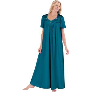 Only Necessities Plus Size Long Silky Lace-Trim Gown(Deep Teal)