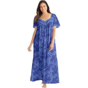 Only Necessities Plus Size Long Silky Lace-Trim Gown(French Blue Flower)