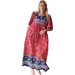 Only Necessities Plus Size Petite Bib Front Lounger(Classic Red Print)