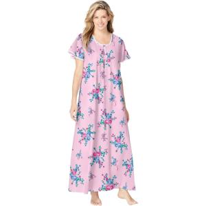 Only Necessities Plus Size Short Pintuck Knit Gown(Pink Floral)