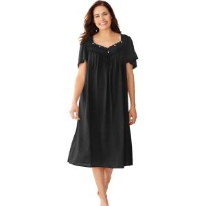 Only Necessities Plus Size Short Silky Lace-Trim Gown(Black)